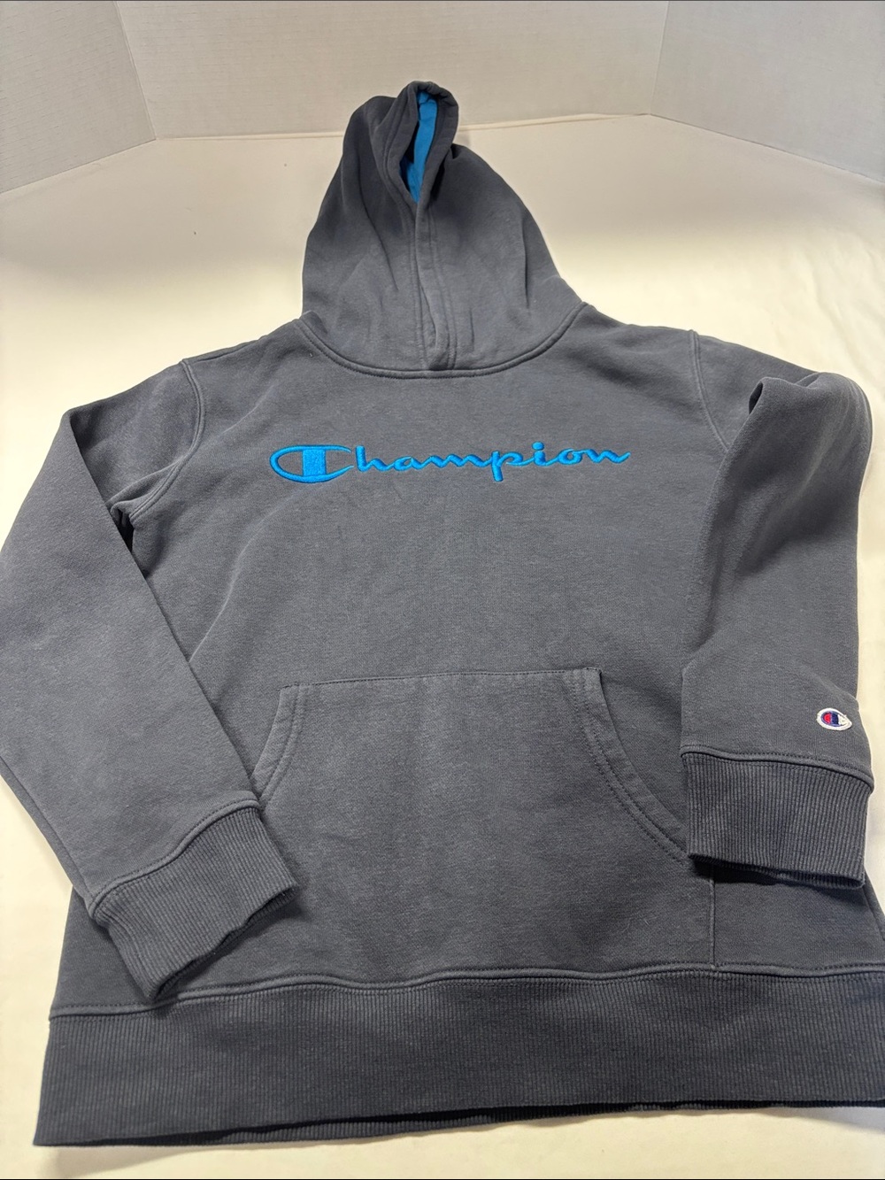 Champion Dark Gray Hoodie with Blue Logo